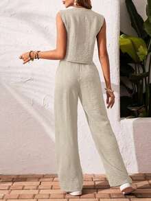 Frenchy Set de 2 piezas para mujer de top sin mangas y pantalones de estilo casual con un solo botón, para verano - Albaricoque - Ver 2
