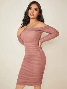 Vestido de mujer con hombros descubiertos de malla transparente - Rosa vieja - Ver 5