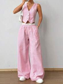 Conjunto de dos piezas con blusa sin mangas con rayas, cuello en V y botones frontales y pantalones con bolsillo de parche - Multicolor 3 - Ver 1