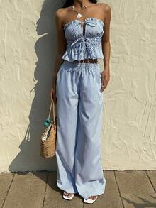 Set de 2 piezas para mujer con top bandeau fruncido con corbata y rayas y pantalones largos - Azul - Ver 3