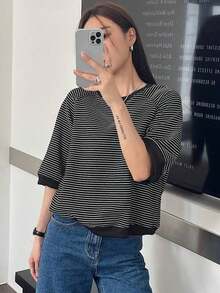 Camiseta de manga raglán con estampado a rayas para el verano - Negro - Ver 8