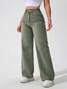 Jeans de mezclilla casuales de unicolor para mujer - Verde militar - Ver 6