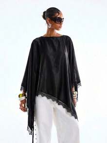 Blusa minimalista de primavera/verano 2026 para mujer, elegante para ir al trabajo, de unicolor con ribete de encaje, manga tipo murciélago y bajo asimétrico - Negro - Ver 6