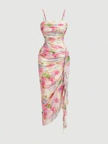 MOD Vestido de tirantes midi ajustado con estampado floral y volantes en el bajo, para verano - Amarillo claro - Ver 7