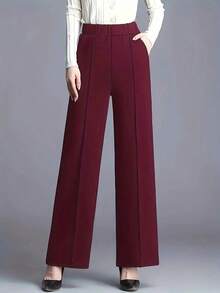 2025 Pantalones rectos de cintura alta relajados de estilo minimalista versátil, adecuados para el trabajo y el uso diario, color negro - Rojo - Ver 7