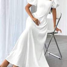 1pc Women Elegant Solid Color Square Neck Puff Sleeve Waisted Flare Hem Dress - Blanco - Ver 1