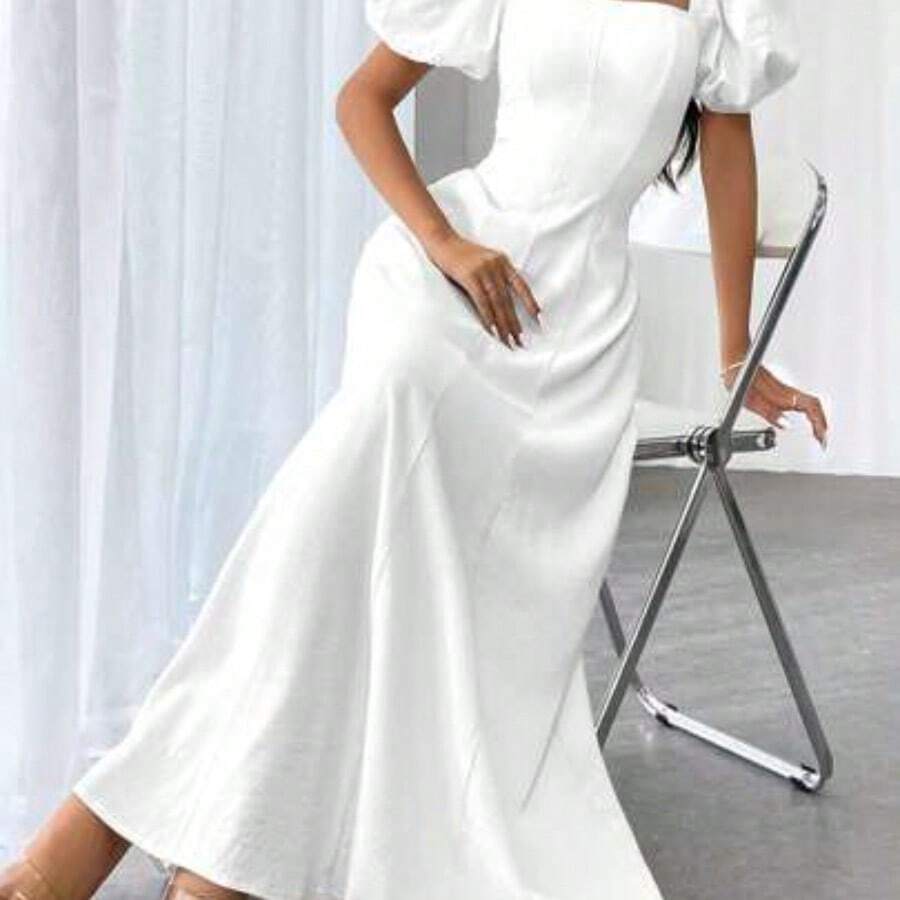 1pc Women Elegant Solid Color Square Neck Puff Sleeve Waisted Flare Hem Dress - Blanco - Ver 1