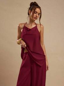Women's Satin Palazzo Pants, Elegant Loose-Fitting Ginger Yellow Trousers, Suitable For Going Out, Brunch, Summer, Weddings, Honeymoon, Beach Vacation - 波爾多 - 查看 7