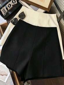 Shorts de mujer de cintura alta de color gris oscuro minimalista y de moda, con cierre de cremallera en la espalda, adecuados para el uso diario, citas y ocasiones románticas - Negro - Ver 4