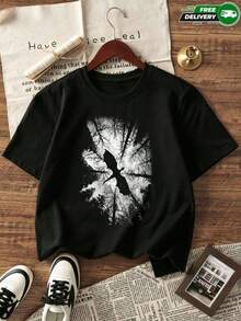 Women's Black Polyester T-Shirt With Dragon Silhouette And Forest Print – Casual And Breathable, National Shipping In Mexico - Black - View 2