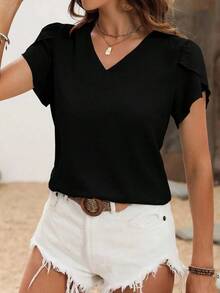 Blusa de unicolor casual con mangas con diseño de pétalos para vacaciones - Negro - Ver 4