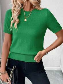 Blusa de punto de manga corta de unicolor y estilo minimalista, para uso diario - Verde - Ver 4