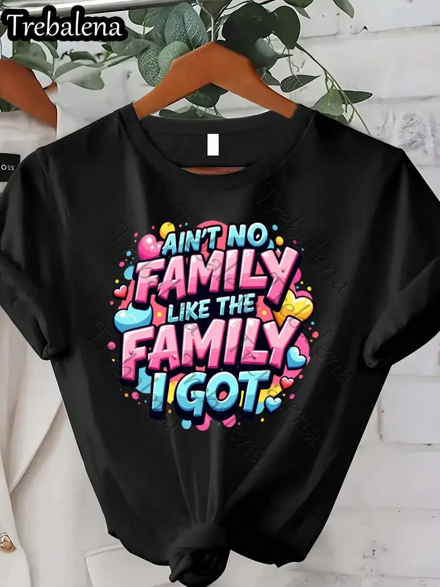 Talla Grande - Camiseta de Cuello Redondo Talla Grande con Letras Coloridas "No Hay Familia Como la Que Tengo" - Camiseta de Manga Corta Talla Grande - Top Casual de Moda para Verano y Primavera - Ropa de Mujer para el Día de la Madre/Día de los Caídos/Juneteenth 0XL-4XL - Negro3 - Ver 1