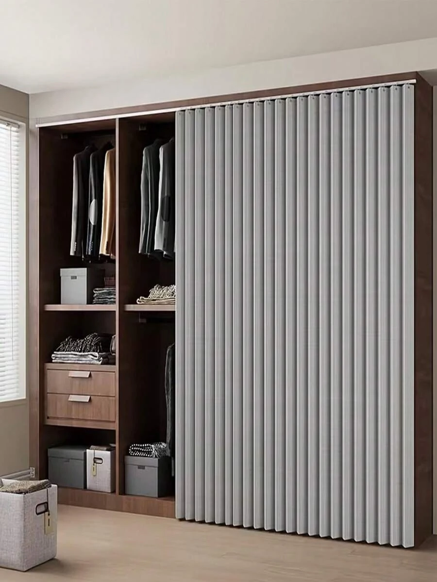 1pc Modern Foldable Door Curtain With Plastic Hooks - Gray & Beige Striped Wavy Design, Polyester Privacy Divider For Living Room & Bedroom, Easy To Clean Home Decor, Minimalist Window Treatment - D - View 1