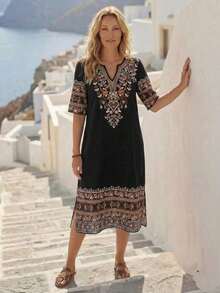 Women's Retro Print Mid-Length Casual Dress, Suitable For All Seasons, Stylish Vacation Outfits For Women, Floral Dresses, Spring Dresses For Women, Summer Outfits, Beach Outfits For Women, Casual - 鵝黃色 - 查看 6