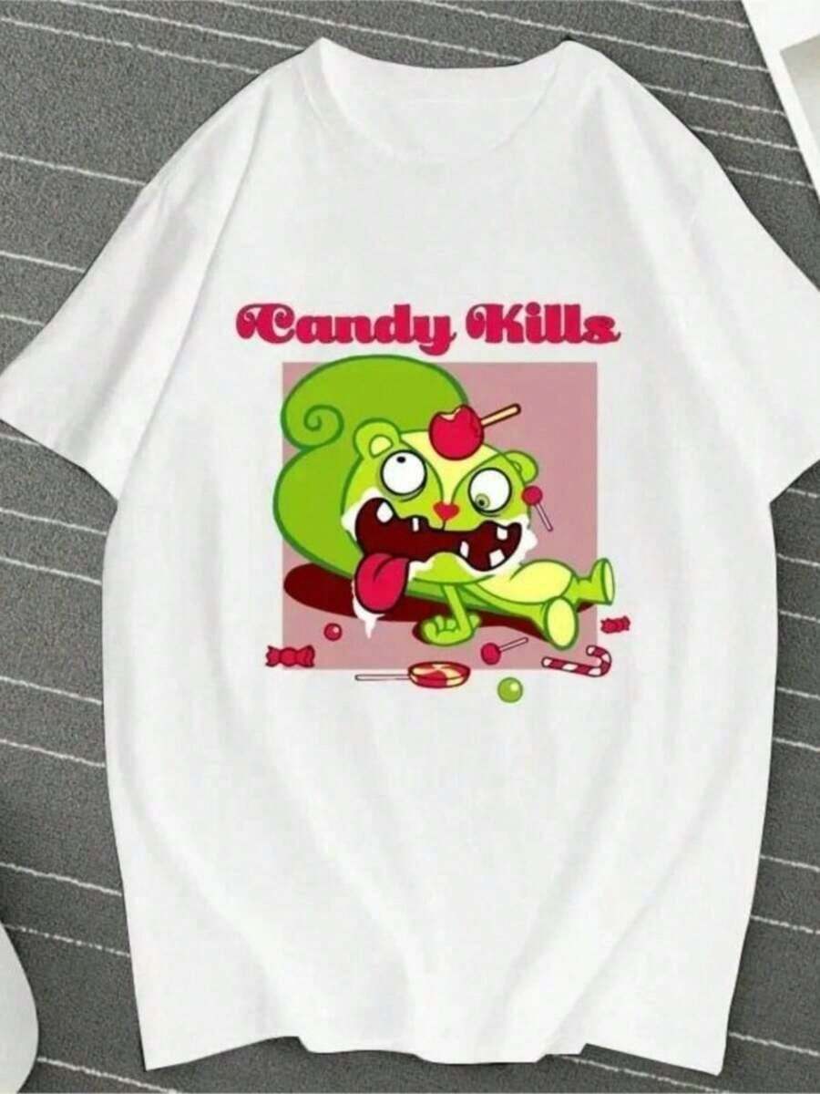Camisetas estampadas de moda para mujer, tops de estilo urbano de gran tamaño, camisetas de verano cómodas y elegantes que combinan con todo. Camiseta con estampado gráfico de dibujos animados Tree Friends Candy Kills para mujer y hombre, camiseta kawaii de moda urbana, regalo divertido para novia, estilo Y2K. - Blanco - Ver 1