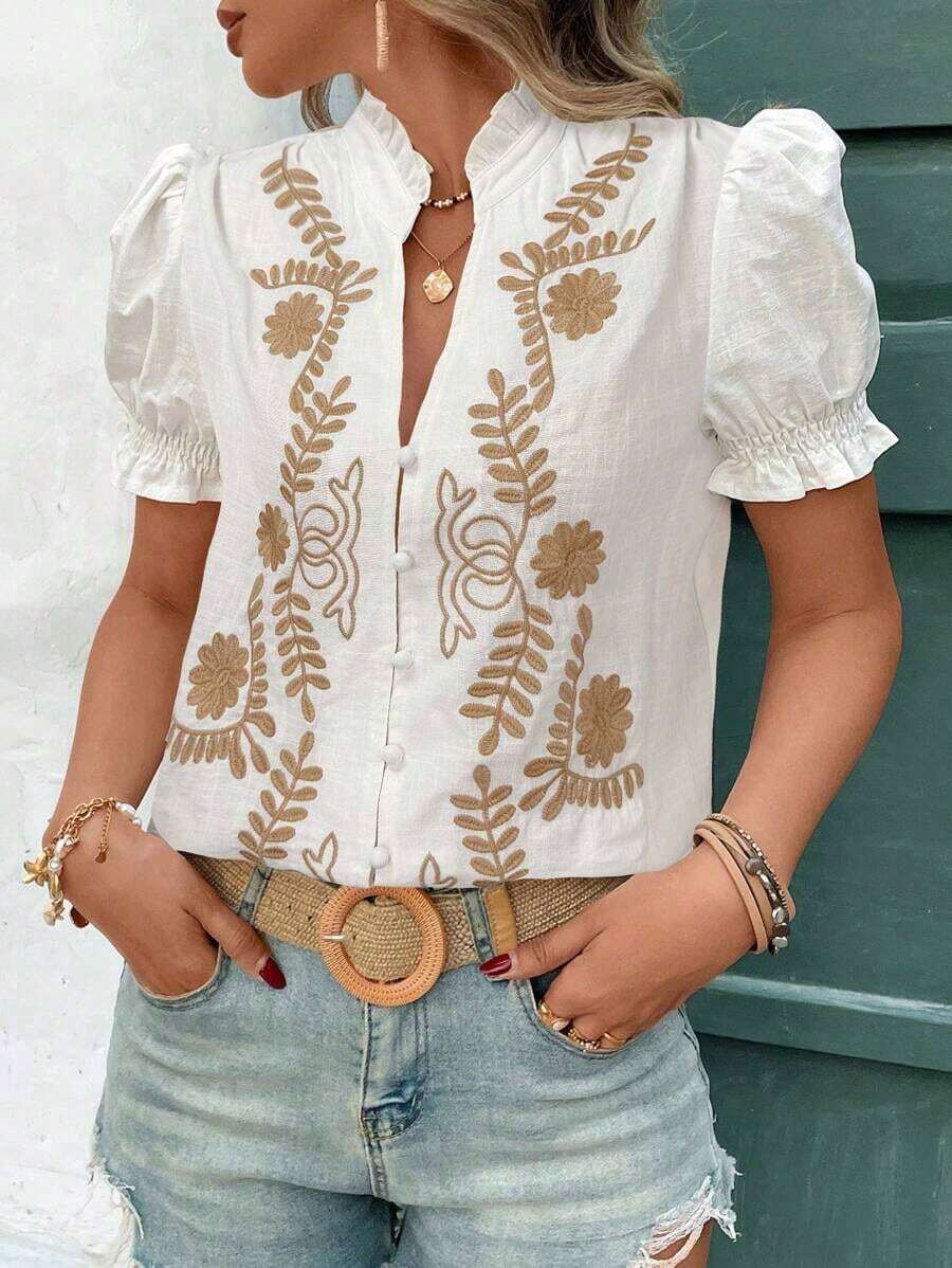 Blusa de manga corta para mujer, elegante para el verano - Blanco - Ver 1