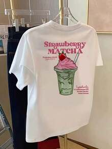 New Summer Casual Collection 2026 Spring/Summer, Women's Short Sleeve T-Shirt With Round Neck, Cherry And Letter Print, Casual And Modern Style, Double-Sided Print, Vintage Urban Style, Unisex, Cotton, Round Neck. - 白色 3 - 查看 3