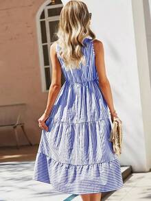 Vestido largo de línea A con cuello en pico y estampado de rayas, atuendo de vacaciones y playa para mujeres - Azul y blanco - Ver 2