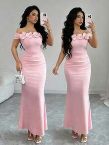 Elegante, encantador y sexy vestido de punto ajustado con hombros descubiertos, fruncido y con estampado floral para fiestas, vacaciones, primavera/verano - Rosa - Ver 1