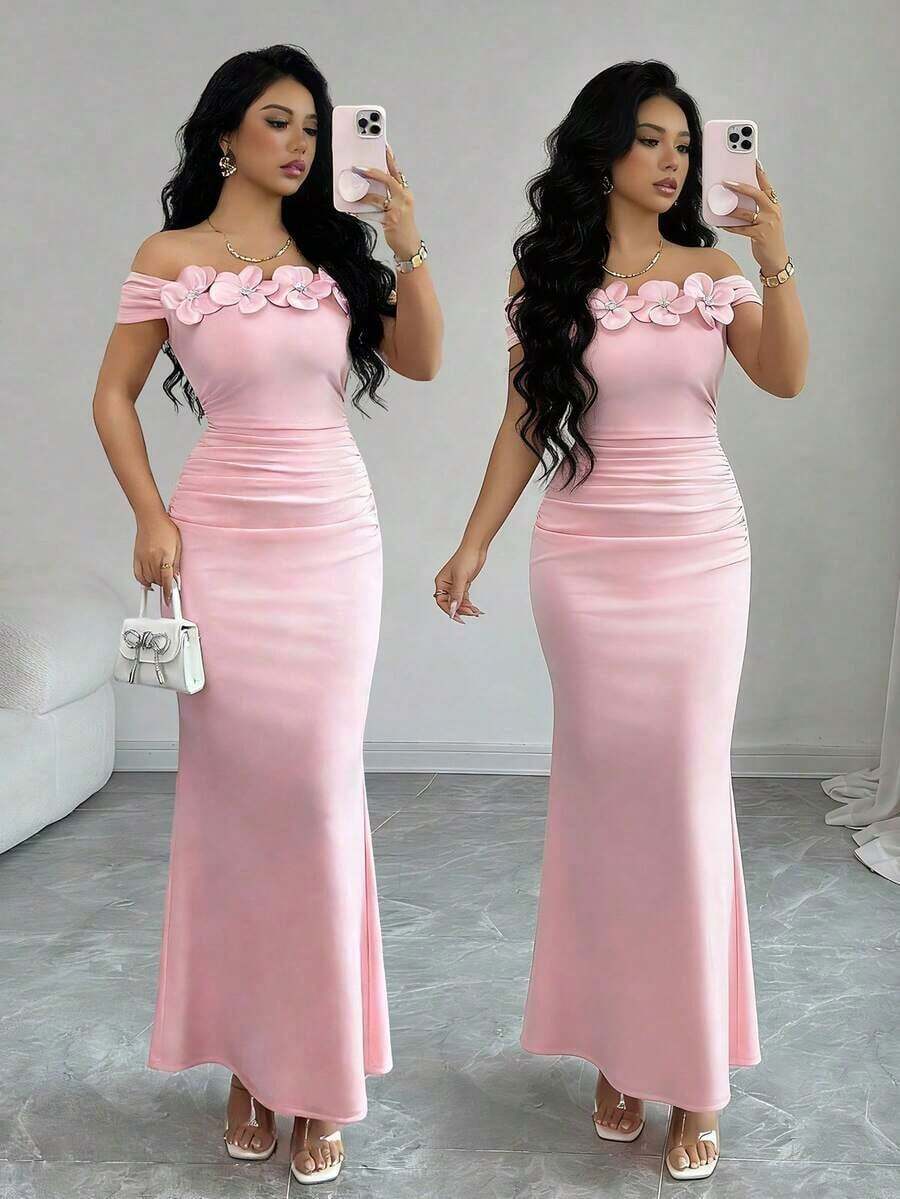Elegante, encantador y sexy vestido de punto ajustado con hombros descubiertos, fruncido y con estampado floral para fiestas, vacaciones, primavera/verano - Rosa - Ver 1