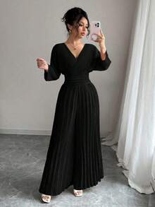 Mono elegante de pierna ancha con escote cruzado en V, mangas tipo murciélago y pliegues, en color liso para mujer - Negro - Ver 4