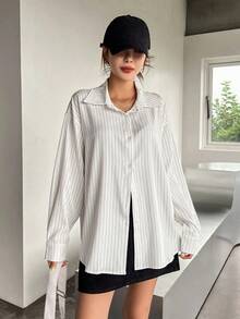 Camisa casual/escolar holgada a rayas para mujer, top de manga larga de estilo preppy para mujer, ropa de otoño - Blanco - Ver 3