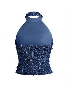 Blusa de mujer con hombros al descubierto y lentejuelas, adecuada para bodas, galas, vuelta al colegio, festivales de música, fiestas del Día de la Madre, vacaciones en la playa - Azul marino - Ver 4