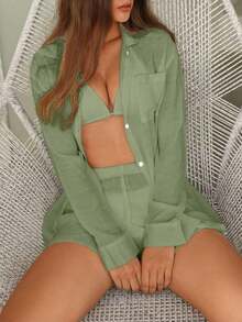 Swim Vcay Set cover up unicolor con botón delantero - Verde militar - Ver 5