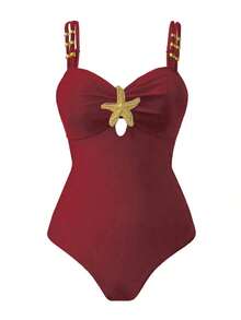 Swim Oasis 1 pieza Traje de baño de una sola pieza casual de vacaciones con decoración de pentágono lindo para mujer - Rojo violeta - Ver 3