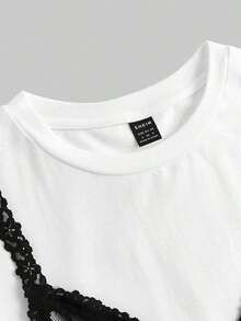 MOD Vestido de manga corta, cuello redondo, ajuste holgado y casual con camiseta interior de encaje, para uso diario, hippie, té, encaje, salir, vestido casual - Blanco y Negro - Ver 3