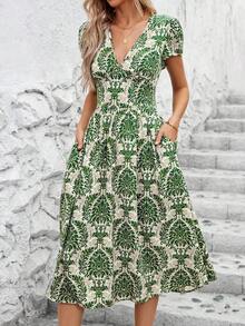 Clasi Vestido de mujer elegante de verano con cuello en V, estampado de flores colocado, bolsillos dobles en la cintura, silueta evasé, adecuado para diversas ocasiones: playa, viajes, uso diario, casa, etc. - Multicolor 3 - Ver 1