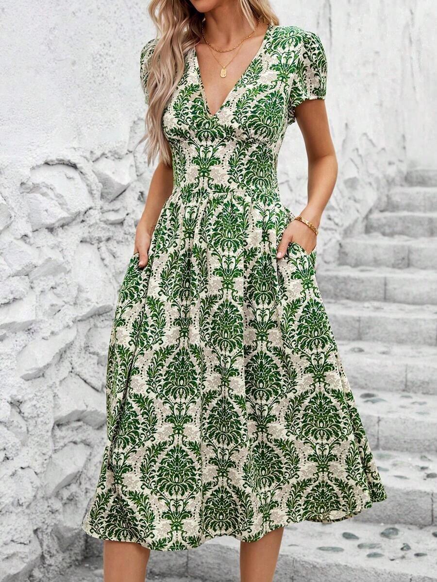 Clasi Vestido de mujer elegante de verano con cuello en V, estampado de flores colocado, bolsillos dobles en la cintura, silueta evasé, adecuado para diversas ocasiones: playa, viajes, uso diario, casa, etc. - Multicolor 3 - Ver 1