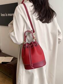Women's Bucket Bag, Casual Straw Drawstring Crossbody Shoulder Bag - Black and White - View 11