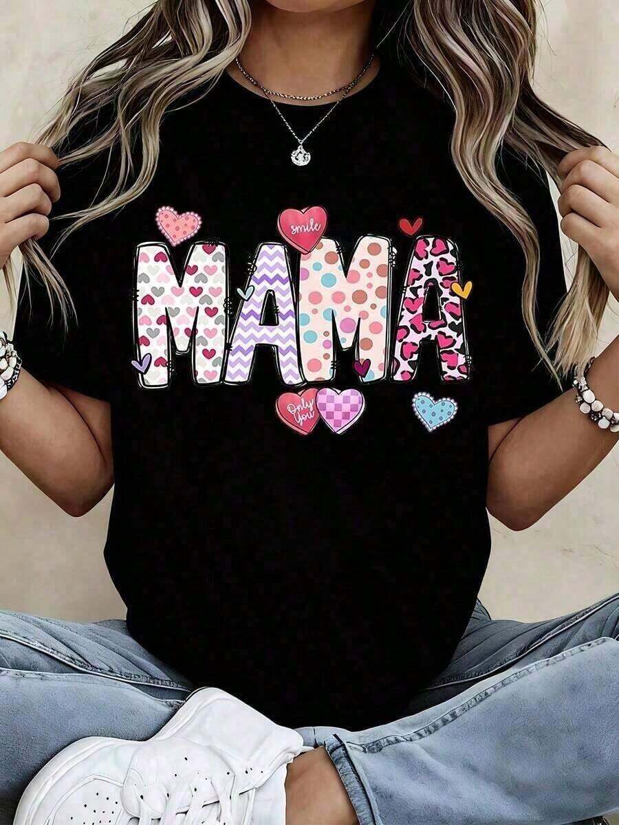 short-sleeve1 pieza Camiseta Mama para Mujer con Bonito Estampado de Corazón, Camiseta Gráfica, Regalo para el Día de la Madre, Top Casual de Moda para Mamá, Blanco, 210g, 100% Algodón, los estampados están completamente impresos. Unisexo. Blusas Para Mujer Casual100% Cotton - Negro - Ver 1