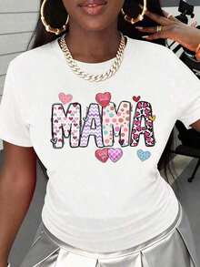 short-sleeve1 pieza Camiseta Mama para Mujer con Bonito Estampado de Corazón, Camiseta Gráfica, Regalo para el Día de la Madre, Top Casual de Moda para Mamá, Blanco, 210g, 100% Algodón, los estampados están completamente impresos. Unisexo. Blusas Para Mujer Casual100% Cotton - Blanco - Ver 3