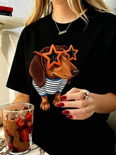 แว่นกันแดด Cool Star ลาย Dachshund กราฟิก, เสื้อยืดพิมพ์ลายสุนัขมีสไตล์, เสื้อแขนสั้นสไตล์เรโทรสำหรับคนรักสัตว์เลี้ยง, เสื้อลำลองสุดเก๋สีดำ