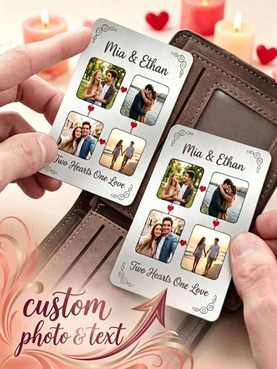 1 Piece Personalized 4 Photos Aluminum Wallet Card, Custom Photo & Text Couple Memorial Card, Custom Name & Quote Romantic Love Card, Heart Connected Vintage Floral Design, Brushed Aluminum Material, Thin & Portable, Scratch-Resistant, Durable & Non-Deformable, Romantic & Warm Style - Silver - View 1