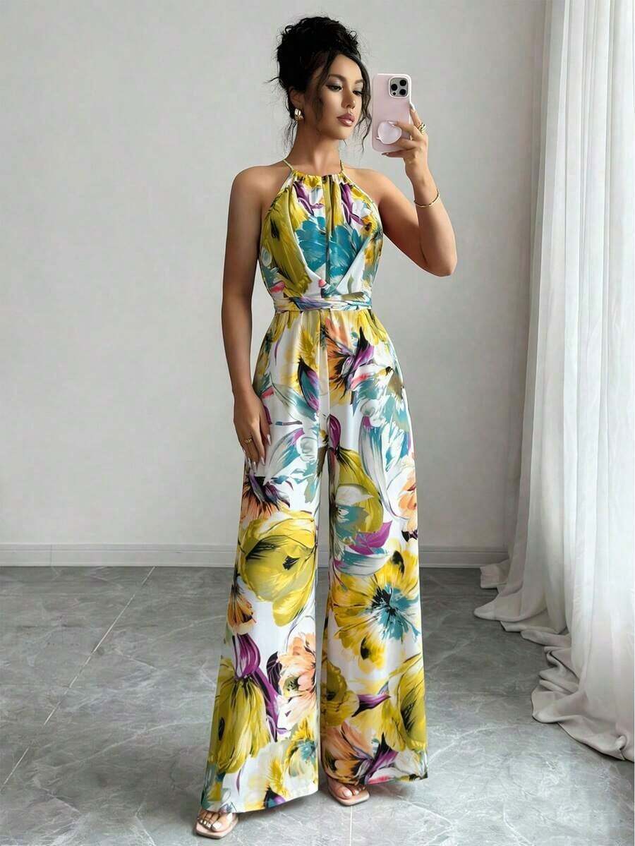 Mono con cintura entallada de tela estampada para mujer, elegante para vacaciones y uso diario con cuello de halter - Multicolor 2 - Ver 1