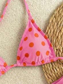 Nuevo conjunto de bikini con estampado de lunares sexy, espalda descubierta y lazo, con tirantes de espagueti para playa y piscina en vacaciones - Rosado Sandía - Ver 3