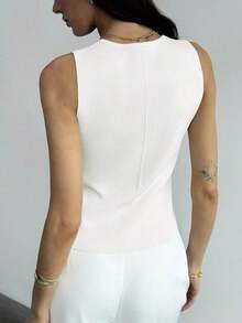 Blusa sin mangas de punto de un solo pecho con tirantes anchos, casual de verano, para otoño/invierno, verano, vacaciones, simple para ir al trabajo, con hebilla metálica única para oficina - Blanco - Ver 2