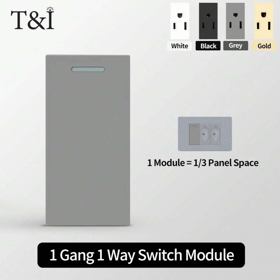 Panel de vidrio templado gris de 2x4 pulgadas montado en la pared con dos tomas NEMA 5-15R yódulos de enchufe intercambiables adecuados para EE.UU./Reino Unido/Italia. - Interruptor de 1 vía y 1 módulo - Ver 1