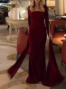 French Maxi Dress Spring 2026, Plain Fitted With Slit, Elegant Style - Red - View 6