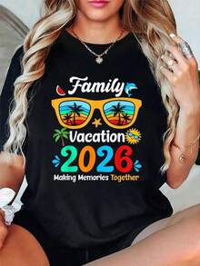 Camiseta de manga corta 100% algodón para mujer, ideal para vacaciones familiares, viajes de playa en verano 2026 y conjuntos a juego para Navidad 2026. - Negro - Ver 1