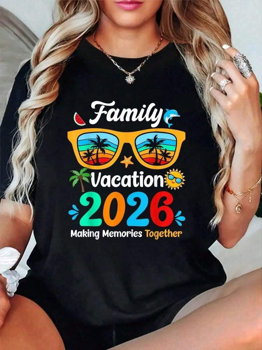 Camiseta de manga corta 100% algodón para mujer, ideal para vacaciones familiares, viajes de playa en verano 2026 y conjuntos a juego para Navidad 2026. - Negro - Ver 1