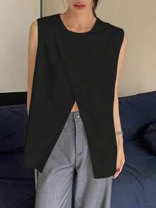 Camiseta sin mangas de negocios casual para mujer con cuello de pico y bajo dividido de unicolor - Negro - Ver 3