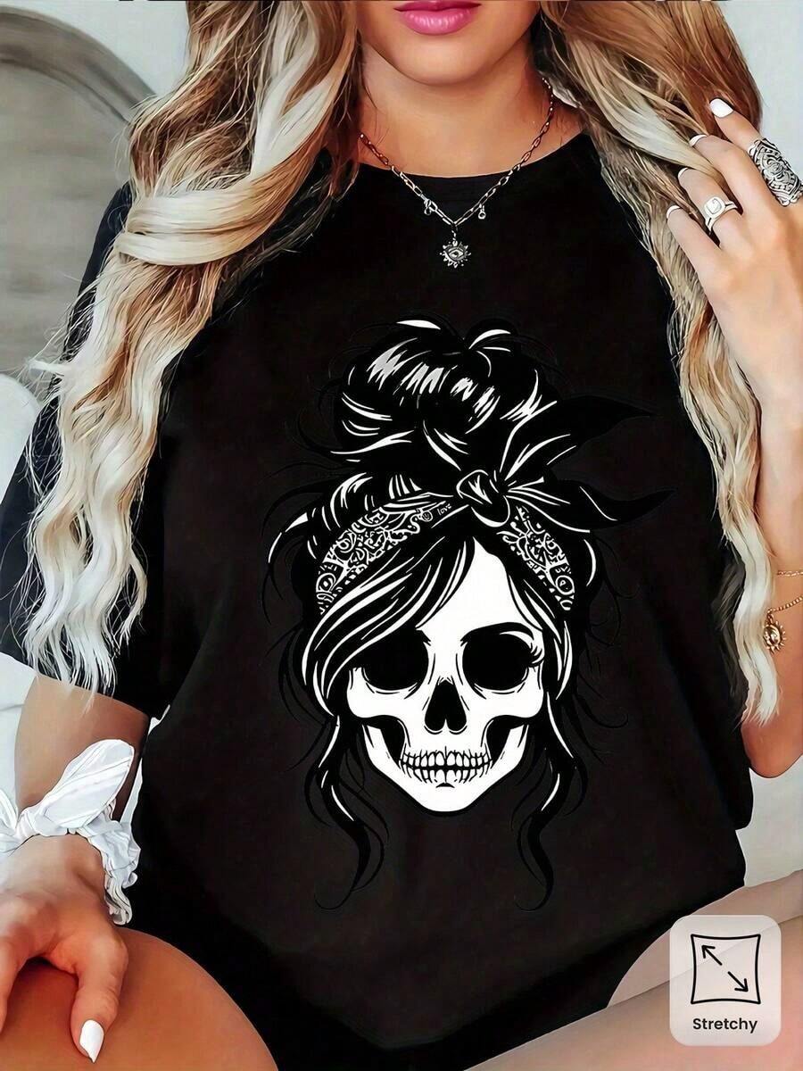 FASHIOGIRL Camiseta de estilo casual y cómoda con estampado gráfico llamativo para mujer, para salidas informales y ocasiones especiales, disponible en tallas S a XL y colores negro y blanco, categoría ropa de moda y  popular. - Negro - Ver 1