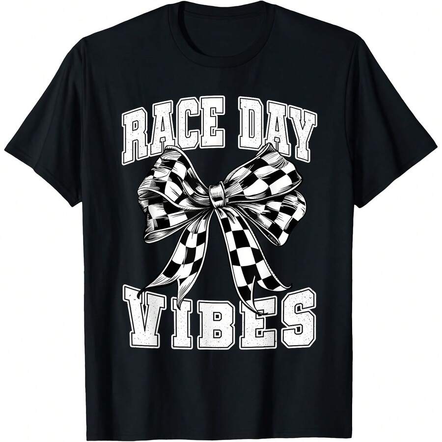 Groovy Race Vibes Coquette Bow Checkered Racing Car Family T-Shirt - Black - View 1