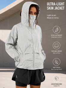GRIM PANDA 女款 UPF 防曬可收納連帽外套，輕量透氣涼感拉鍊口袋戶外登山露營運動夾克 白色 - 白色 - 查看 11