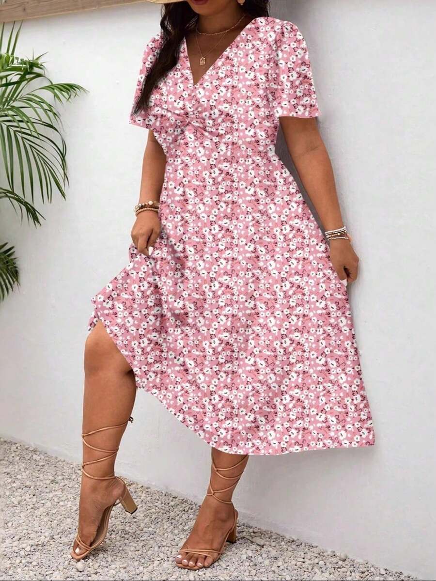 Fresh And Sweet Floral V-Neck Dress, New Summer 2026 Collection In Plus Sizes - Multicolor - View 1